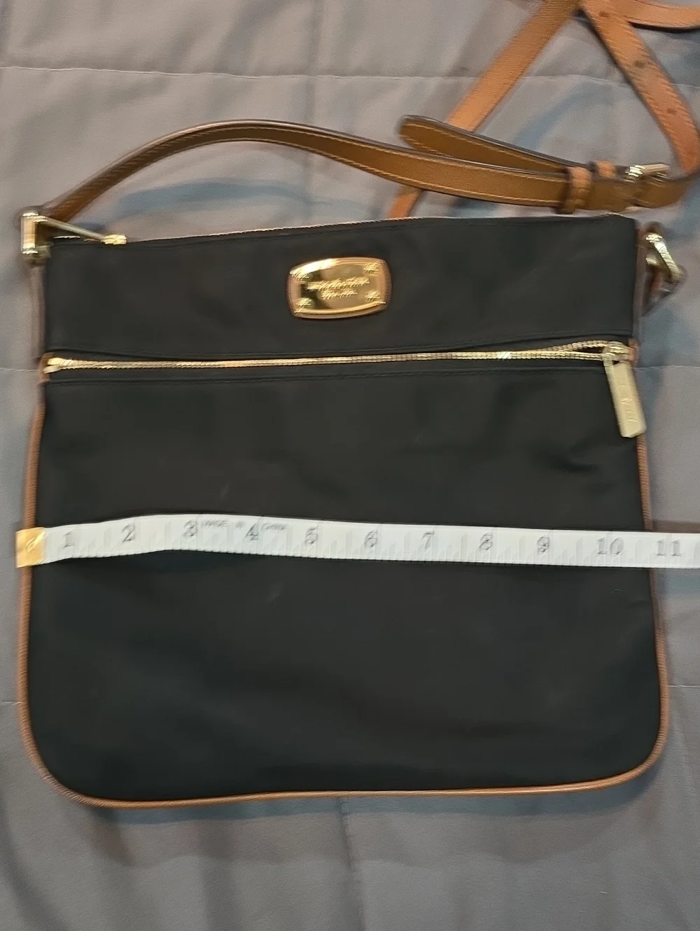 Michael Kors Black Crossbody Bag with Tan Trim and Gold Hardware
